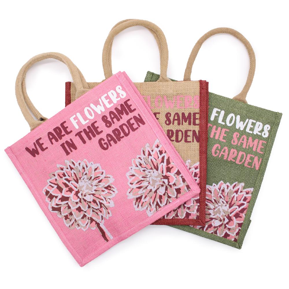 3x Printed Jute Bag - We are Flowers - Olive Pink and Natural