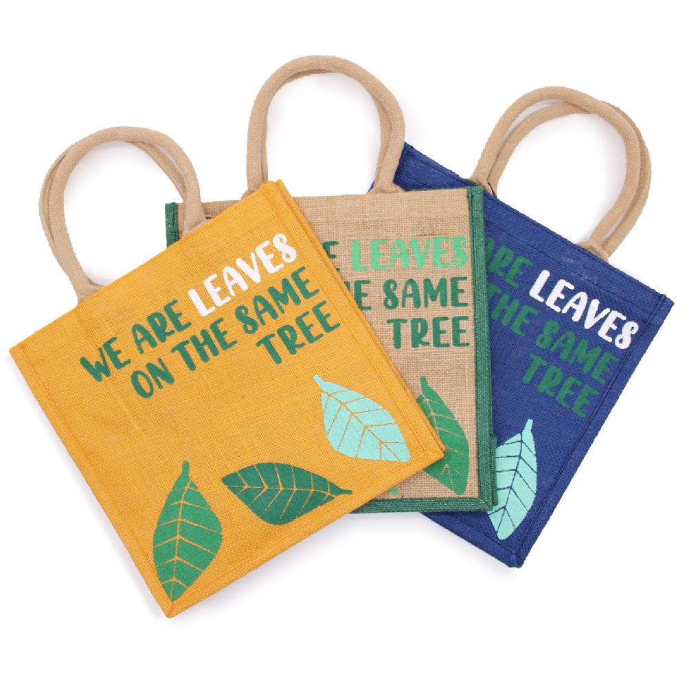3x Printed Jute Bag - We are Leaves - Yellow Blue and Natural