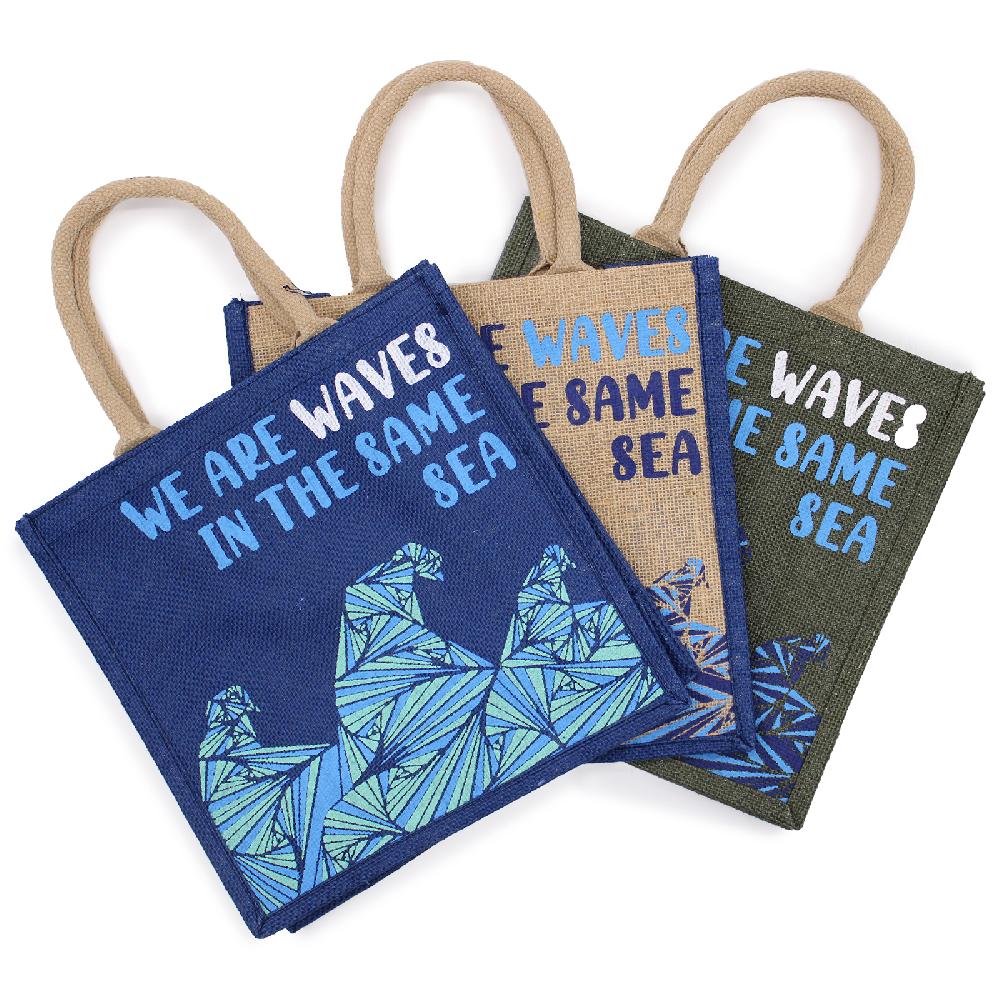 3x Printed Jute Bag - We are Waves - Grey Blue and Natural
