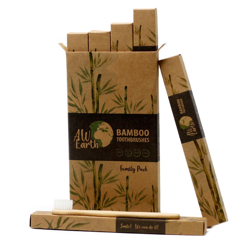 4x Bamboo Toothbrush - White - Family Pack Of 4 - Med Soft
