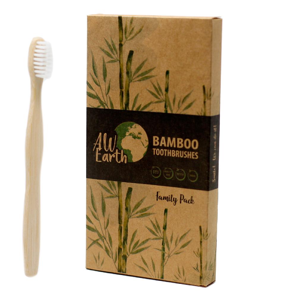 4x Bamboo Toothbrush - White - Family Pack Of 4 - Med Soft