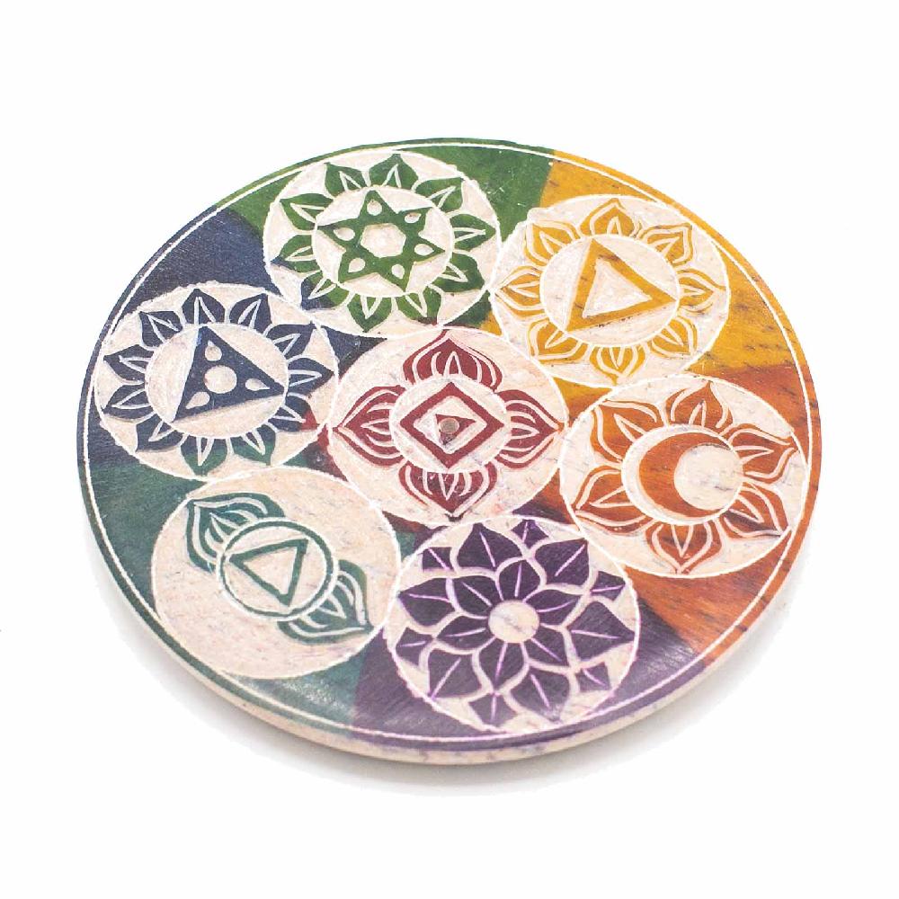 4x Soapstone Disc Incense cone Holder 10cm - Seven Chakra