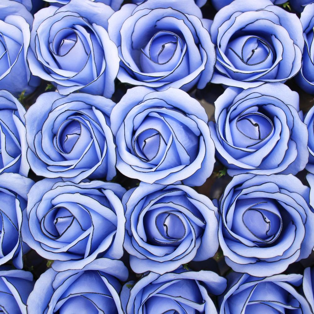 50x Craft Soap Flowers - Med Rose - Blue With Black Rim