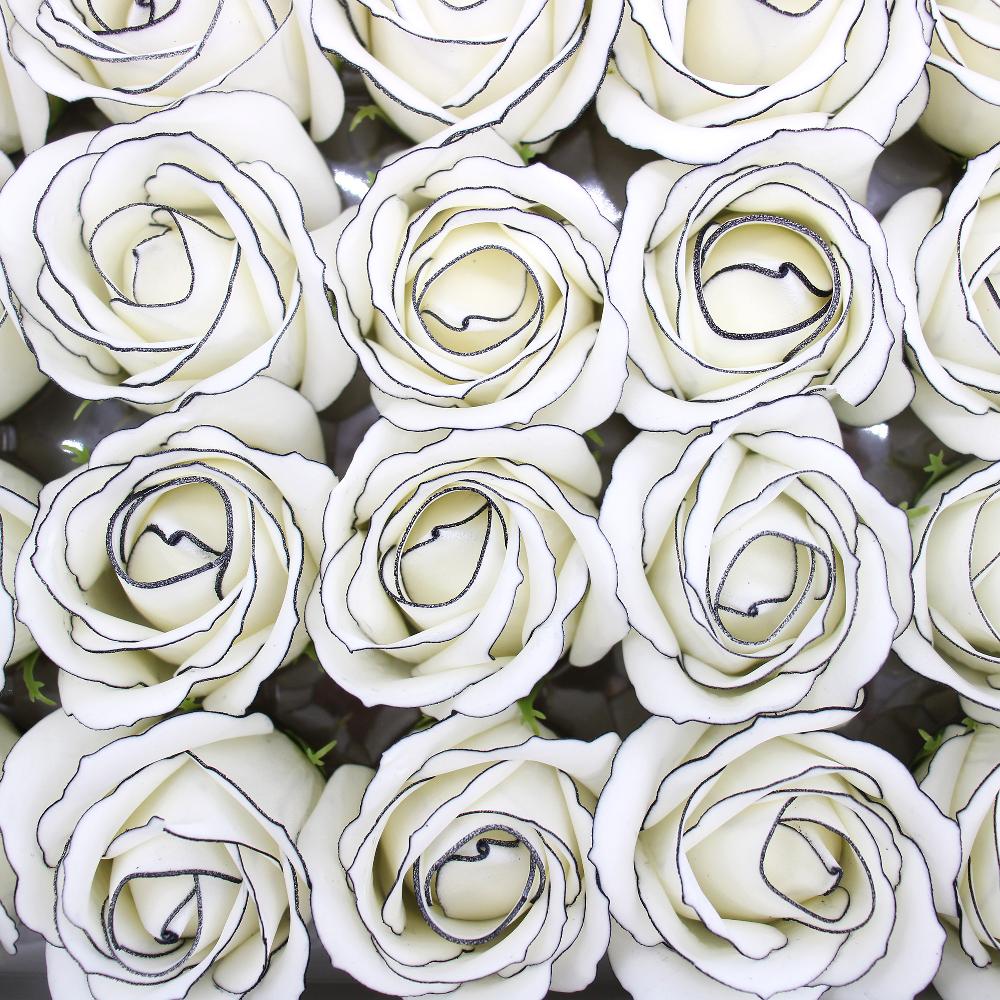 50x Craft Soap Flowers - Med Rose - Ivory With Black Rim