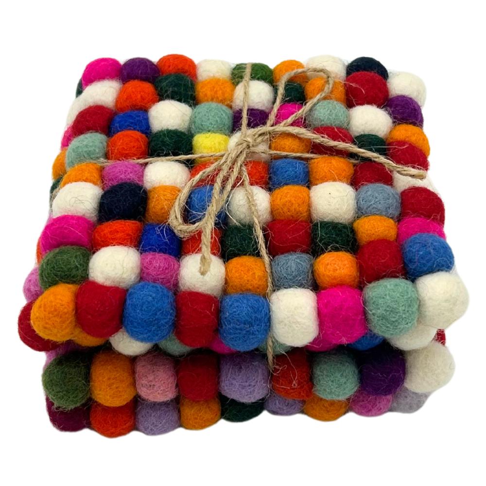 Felt Ball Square Coasters - 10cm Multi Grey colour (set of 4)