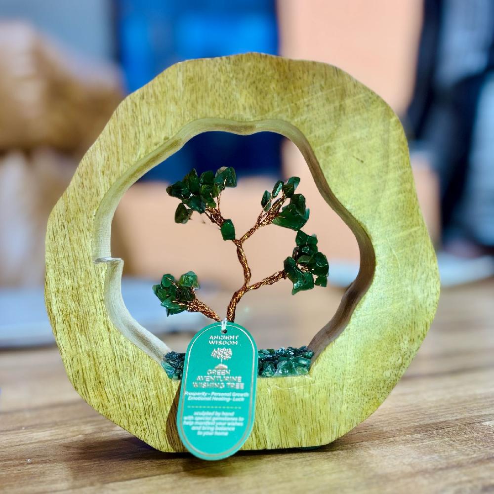 Green Aventurine Gemstone Tree Garden in Mango Wood Ring - 60 Stones