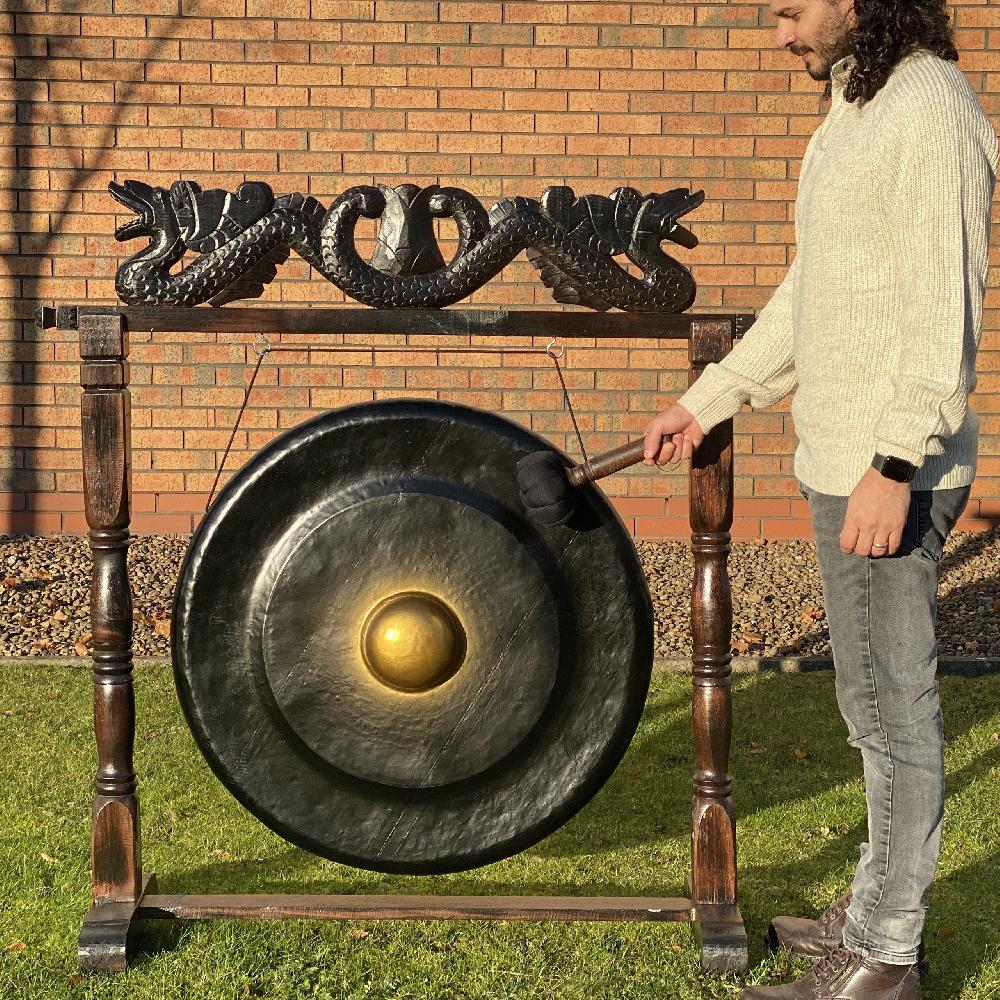 Large Gong In Brown Antique Stand - 80cm - Black