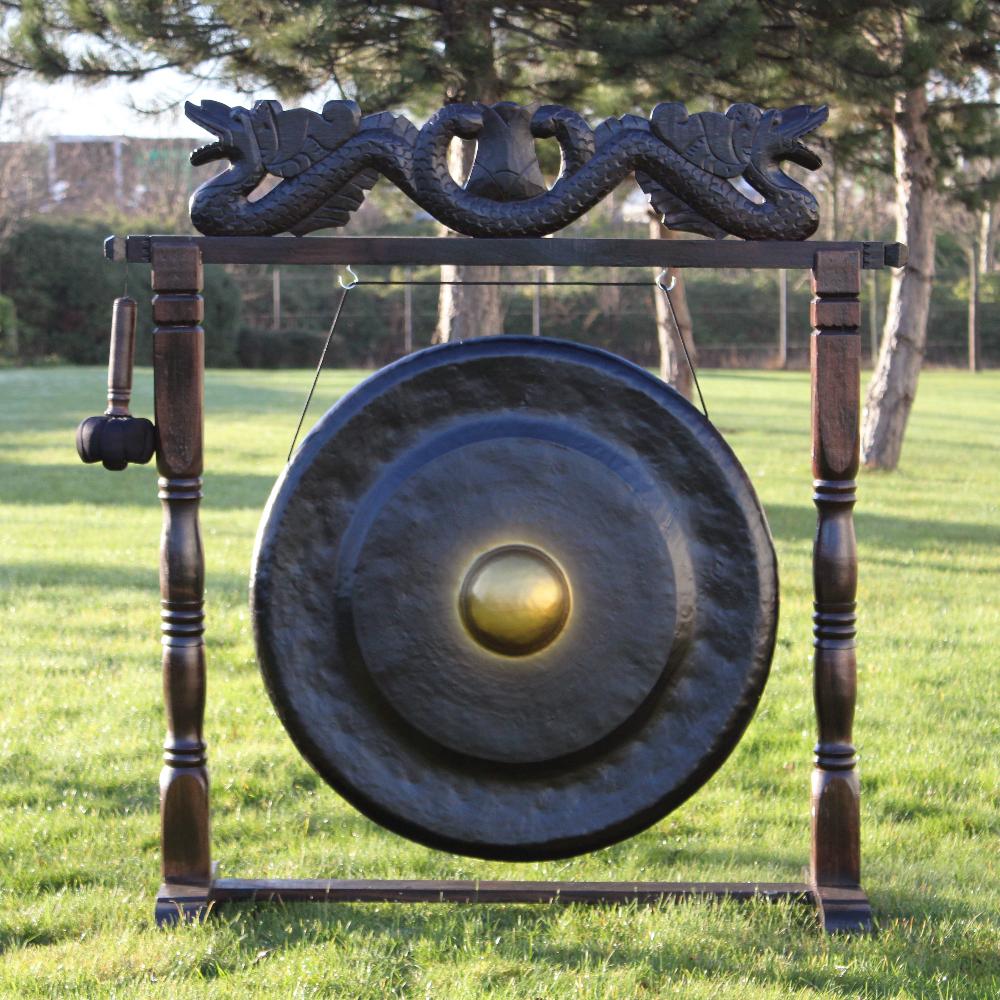 Large Gong In Brown Antique Stand - 80cm - Black