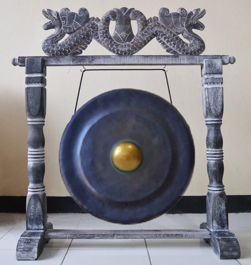 Large Gong In Brown Antique Stand - 80cm - Black