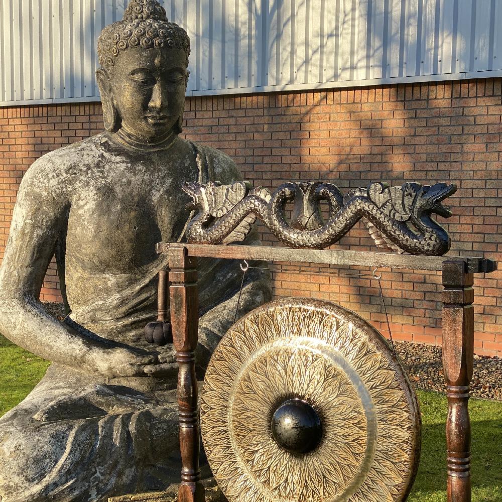 Large Gong In Brown Antique Stand - 80cm - Black - Pattern