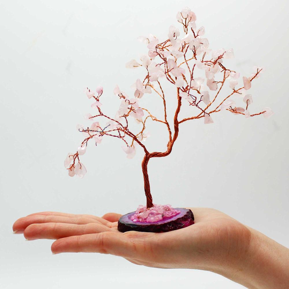 Lrg Gemstone Tree - Rose Quartz On Pink Agate Base (100 Stones)