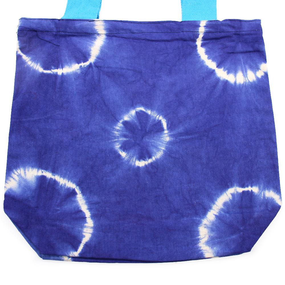 Natural Tie-Dye Cotton Bag (8oz) - Blue Rings - Blue Handle