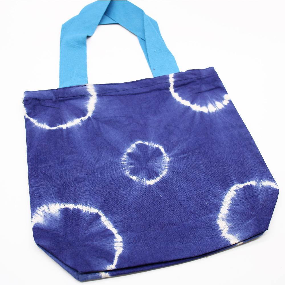 Natural Tie-Dye Cotton Bag (8oz) - Blue Rings - Blue Handle
