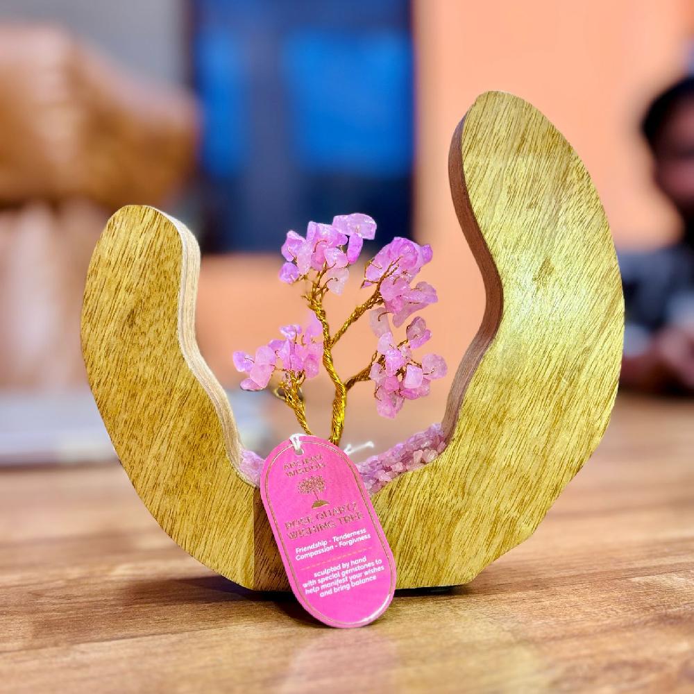 Roze Quartz Gemstone Tree Garden In Mango Wood Open Ring - 60 Stones