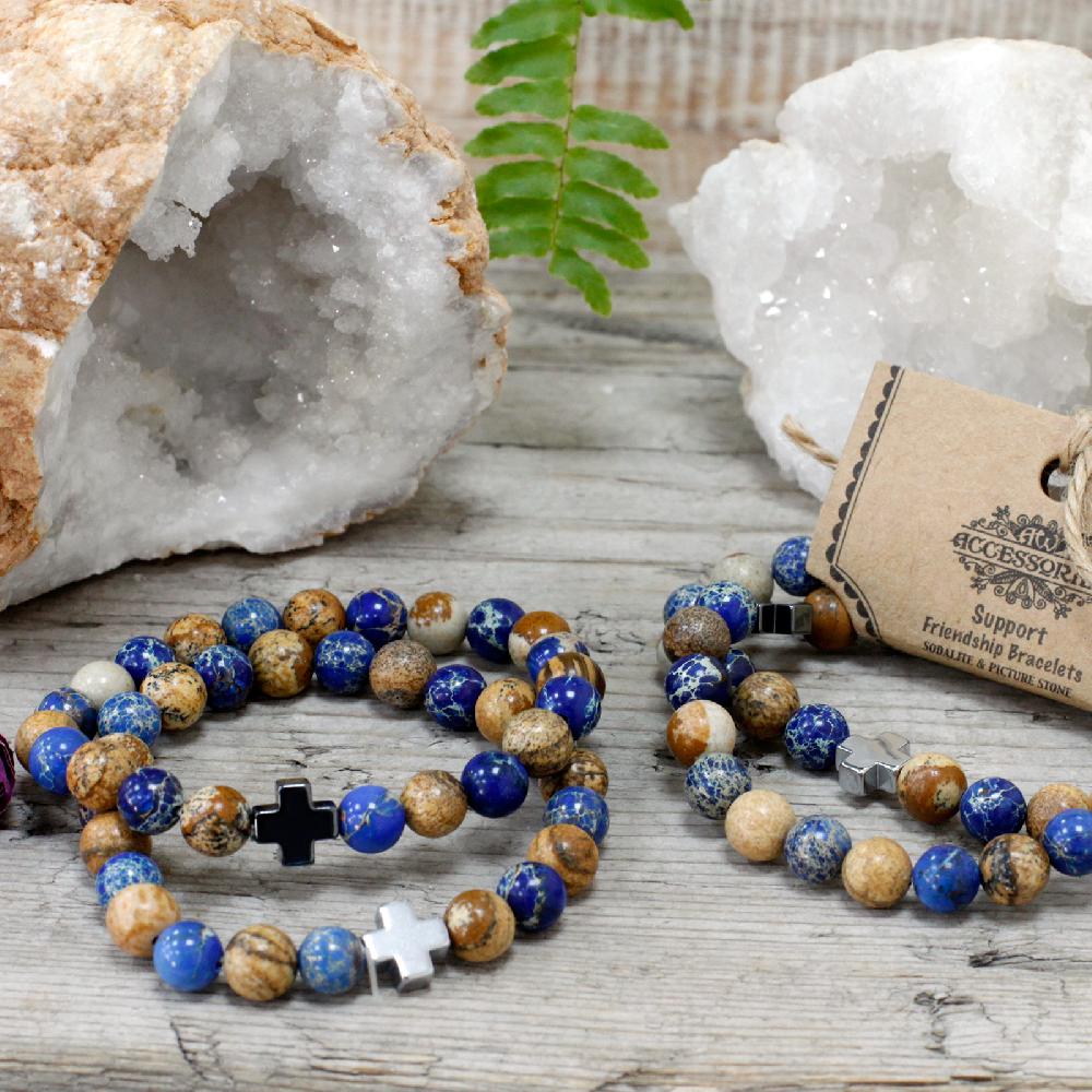 Set Of 2 Gemstones Friendship Bracelets - Support - Sodalite & Picture Stone