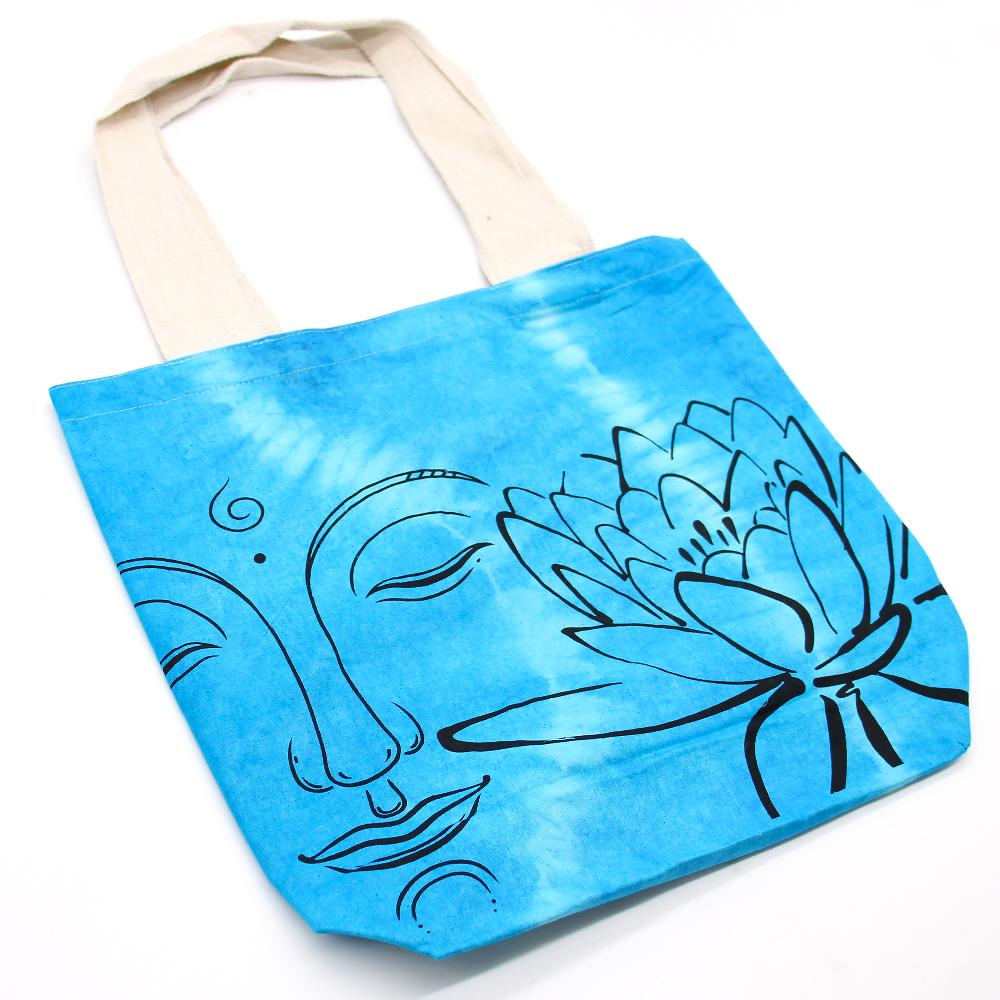 Tie-Dye Cotton Bag (6oz) - Lotus Buddha - Blue - Natural Handle