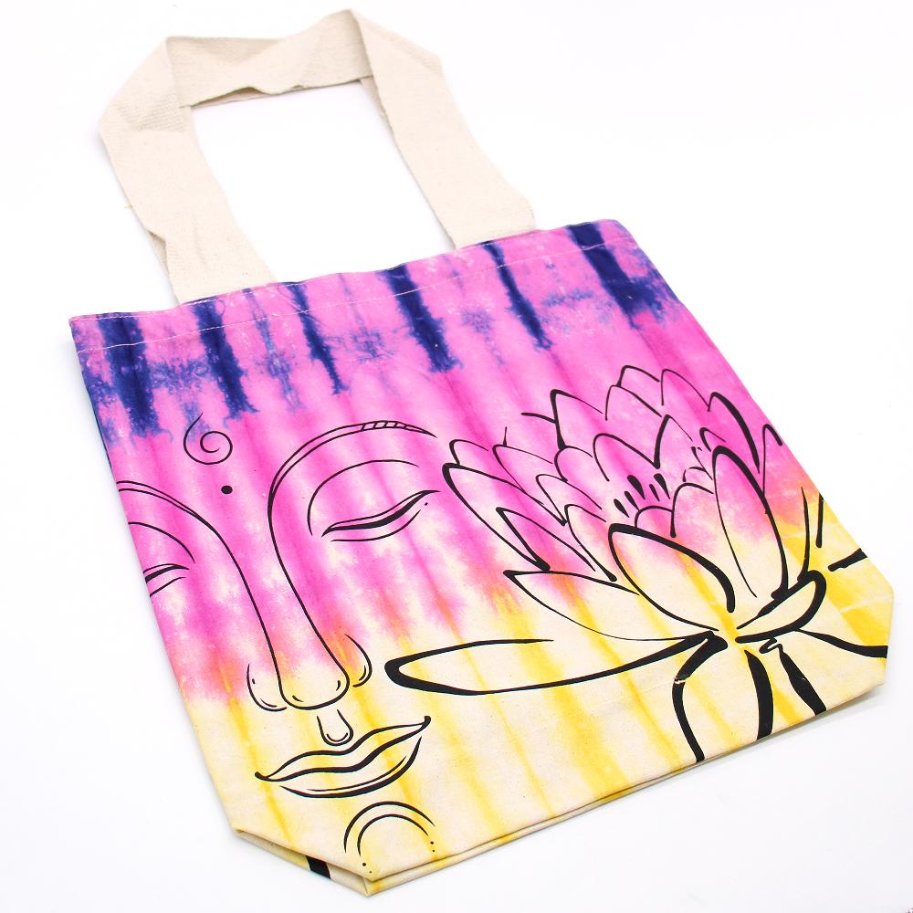 Tie-Dye Cotton Bag (6oz) - Lotus Buddha - Multi Col - Natural Handle